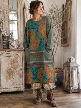 Monthorigin Oversized Floral Sweatshirt Midi Dress OS Rare Boho Lagenlook Cotton